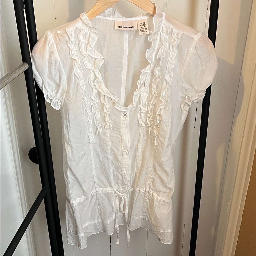 DKNY White Ruffle Blouse